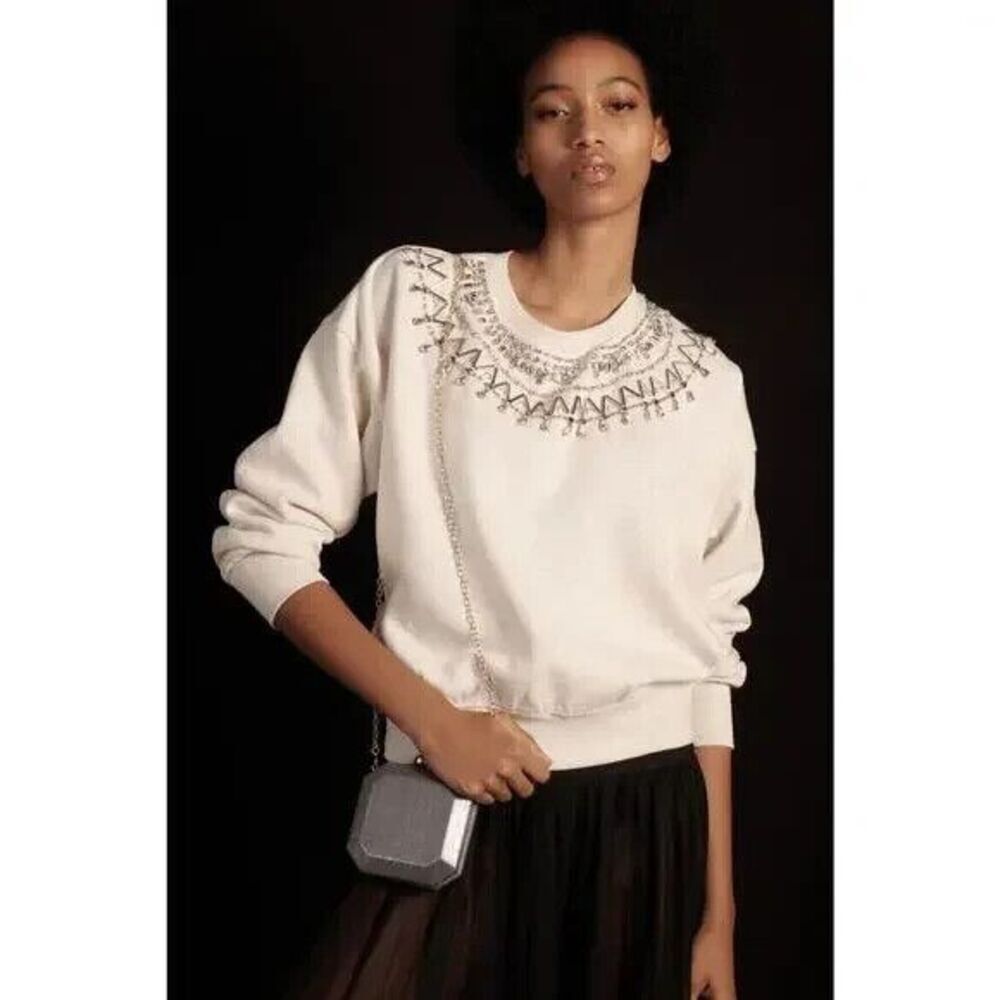 Anthropologie White Embellished Crew Neck Sweater